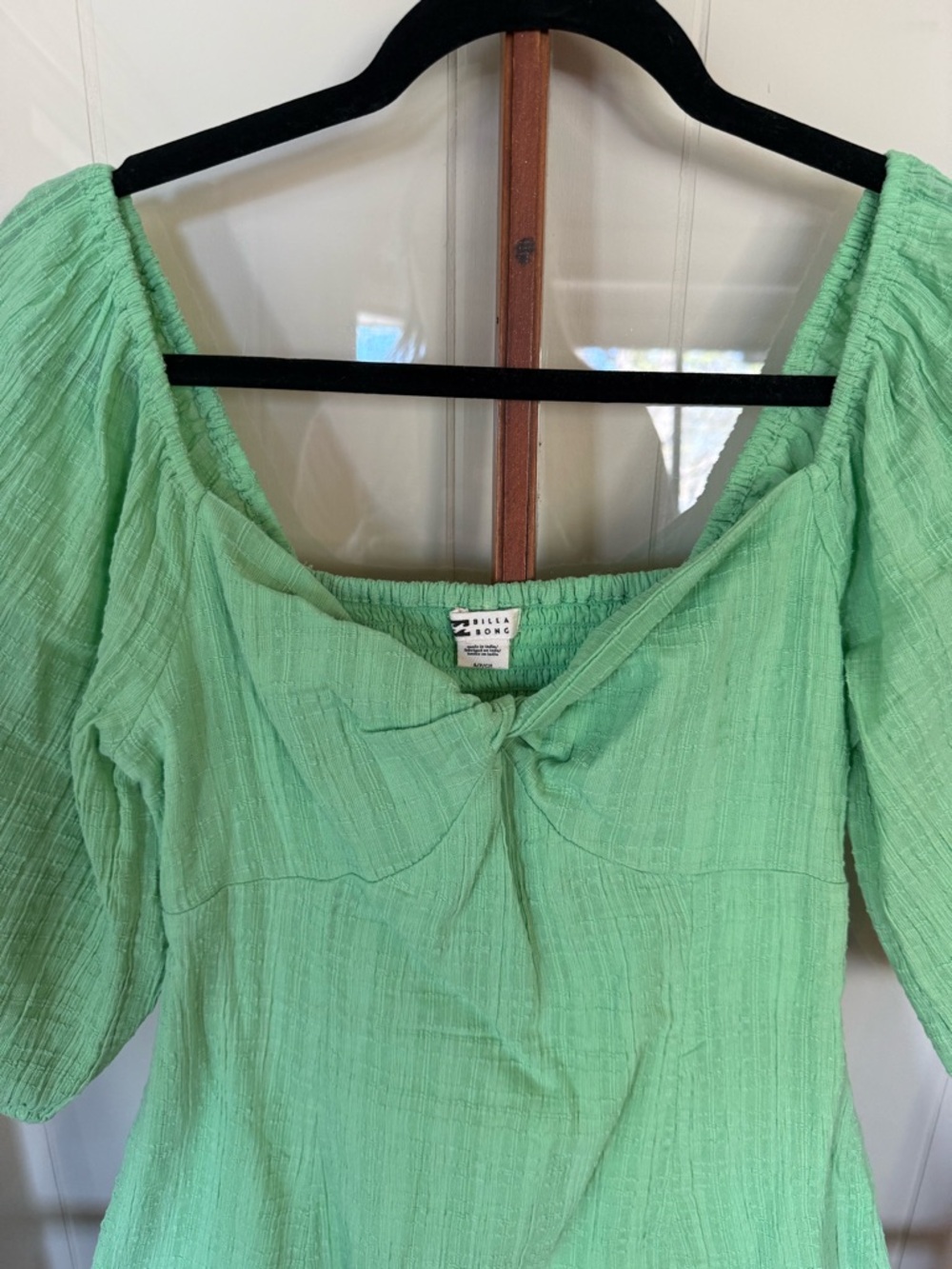 Billabong Sol Puff Sleeve Twist Front Green Mini Dress Fit & Flare – Small - Picture 7 of 10